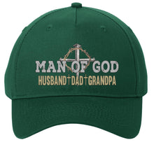 Load image into Gallery viewer, Green cap with &#39;Man of God, Husband, Dad, Grandpa&#39; text and cross design on a white background