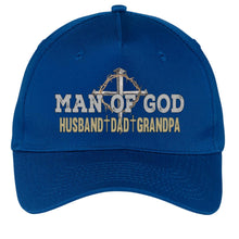 Load image into Gallery viewer, Blue cap with &#39;Man of God, Husband, Dad, Grandpa&#39; text and cross design on a white background
