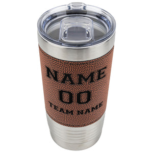 Tumbler with football pattern and customizable text on a white background