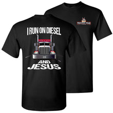 Load image into Gallery viewer, Christian Trucker T Shirts, I Run On Diesel And Jesus black