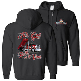 Women Trucker Zip Hoodie Sweatshirt This Girl Rolls On 18 Wheels