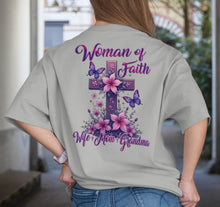 Load image into Gallery viewer, Person wearing a gray t-shirt with &#39;Woman of Faith, Wife, Mom, Grandma&#39; design on the back.