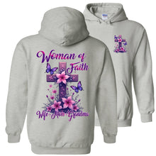 Load image into Gallery viewer, Gray hoodie with 'Woman of Faith' design on the back, featuring crosses and flowers.