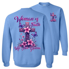 Christian Grandma Shirt: Woman Of Faith Crewneck Sweatshirt blue