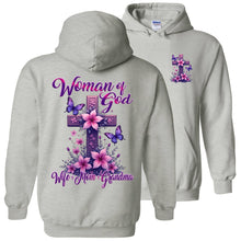 Load image into Gallery viewer, Gray hoodie with &#39;Woman of God&#39; design featuring a cross, flowers, and butterflies on the back.