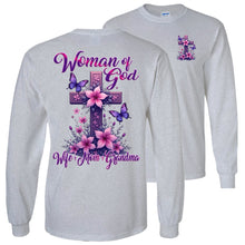 Load image into Gallery viewer, Gray long-sleeve shirt with &#39;Woman of God&#39; design featuring a cross, flowers, and butterflies on a white background.