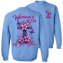 Load image into Gallery viewer, Light blue sweatshirt with &#39;Woman of God, Wife, Mom, Grandma&#39; text and floral design on a white background