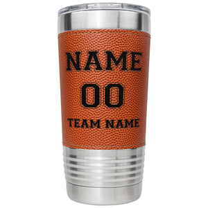 Tumbler with basketball design and customizable text on a white background