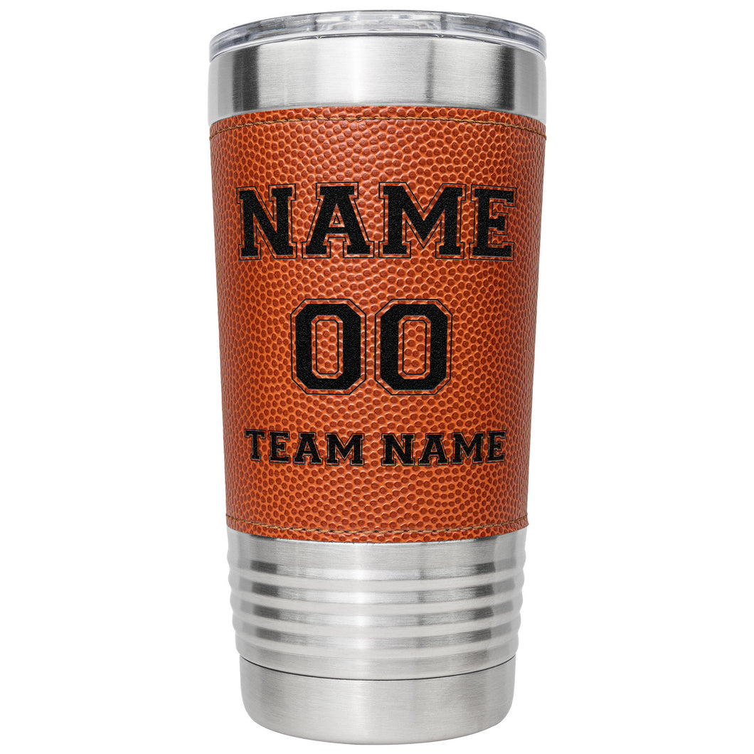Tumbler with basketball design and customizable text on a white background