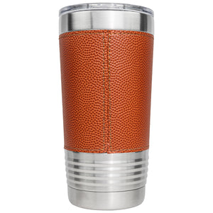 Stainless steel tumbler with brown basketball leather-like wrap on a white background