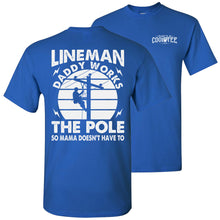 Load image into Gallery viewer, Lineman Daddy Works The Pole Funny Lineman Shirt royal