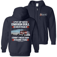 Load image into Gallery viewer, I Put Up With Enough Bull Hauler Funny Trucker Hoodie navyzip