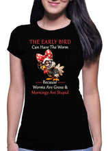 Load image into Gallery viewer, Black t-shirt with a graphic of a chicken and humorous text, worn by a person.