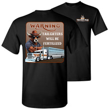 Load image into Gallery viewer, Funny Trucker Tee Warning Tailgaters Will Be Fertilized Bull hauler T-Shirt black