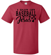 Load image into Gallery viewer, I Run On Baseball And Jesus 2 Christian Quote Tee fol red