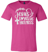 Load image into Gallery viewer, Jesus Loves This Hot Mess Christian Quote Tee berry