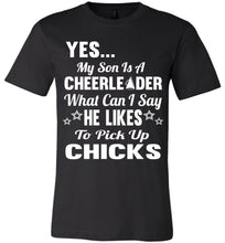 Load image into Gallery viewer, He Likes To Pick Up Chicks Cheer Mom Cheer Dad Shirts black