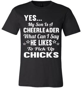 He Likes To Pick Up Chicks Cheer Mom Cheer Dad Shirts black