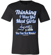 Load image into Gallery viewer, Thinking I Was Like Most Girls Was Your First Mistake Womens Trucker Shirts black