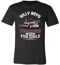 Load image into Gallery viewer, Silly Boys Trucks Are For Girls Trucker Girl T Shirt Red Design canvas black