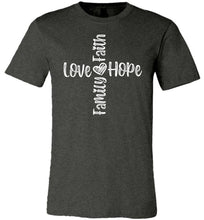 Load image into Gallery viewer, Faith Love Hope Family Cross Christian Quote Tee dark heather