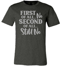 Load image into Gallery viewer, First Of All No Second Of All Still No Funny Quote Tee dark heather