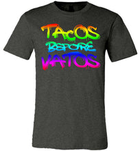 Load image into Gallery viewer, Tacos Before Vatos Funny Taco T Shirts dark heather gray