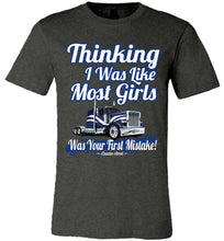 Load image into Gallery viewer, Thinking I Was Like Most Girls Was Your First Mistake Womens Trucker Shirts dark heather