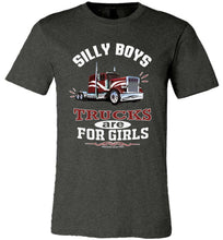 Load image into Gallery viewer, Silly Boys Trucks Are For Girls Trucker Girl T Shirt Red Design dark heather