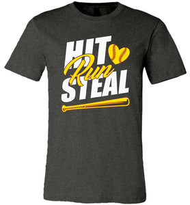 Hit Run Steal Softball T-Shirt dark heather gray