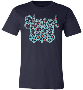 Blessed Mama Leopard Print Mom Shirt navy