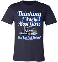 Load image into Gallery viewer, Thinking I Was Like Most Girls Was Your First Mistake Womens Trucker Shirts navy
