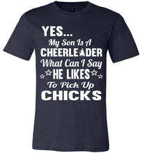 Load image into Gallery viewer, He Likes To Pick Up Chicks Cheer Mom Cheer Dad Shirts navy