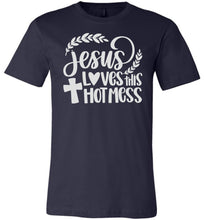 Load image into Gallery viewer, Jesus Loves This Hot Mess Christian Quote Tee navy