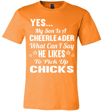 Load image into Gallery viewer, He Likes To Pick Up Chicks Cheer Mom Cheer Dad Shirts orange