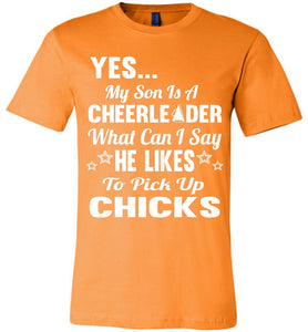 He Likes To Pick Up Chicks Cheer Mom Cheer Dad Shirts orange