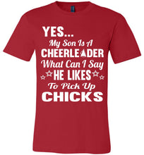 Load image into Gallery viewer, He Likes To Pick Up Chicks Cheer Mom Cheer Dad Shirts red