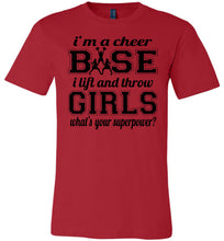 Load image into Gallery viewer, I Lift And Throw Girls Funny Cheer Base Shirts adult &amp; Youth red