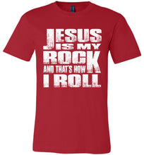 Load image into Gallery viewer, Christian T-Shirt, Jesus Is My Rock And That&#39;s How I Roll red
