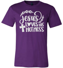 Load image into Gallery viewer, Jesus Loves This Hot Mess Christian Quote Tee purple