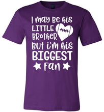 Load image into Gallery viewer, Little Brother Biggest Fan Football Brother Shirt adult purple