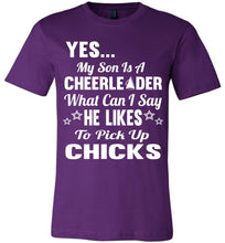Load image into Gallery viewer, He Likes To Pick Up Chicks Cheer Mom Cheer Dad Shirts purple