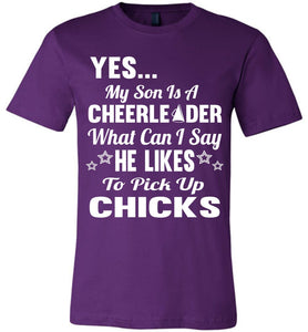 He Likes To Pick Up Chicks Cheer Mom Cheer Dad Shirts purple