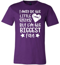 Load image into Gallery viewer, Little Sister Biggest Fan Football Sister Shirt purple