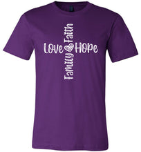 Load image into Gallery viewer, Faith Love Hope Family Cross Christian Quote Tee purple