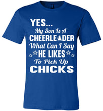 Load image into Gallery viewer, He Likes To Pick Up Chicks Cheer Mom Cheer Dad Shirts royal