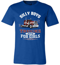 Load image into Gallery viewer, Silly Boys Trucks Are For Girls Trucker Girl T Shirt Red Design true royal