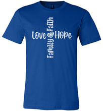 Load image into Gallery viewer, Faith Love Hope Family Cross Christian Quote Tee royal