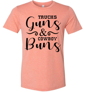 Trucks Guns And Cowboy Buns Country Cowgirl Girl T Shirts heather sunset