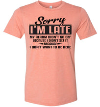Load image into Gallery viewer, Sorry I&#39;m Late Don&#39;t Want To Be Here Funny Quote Tee heather sunset